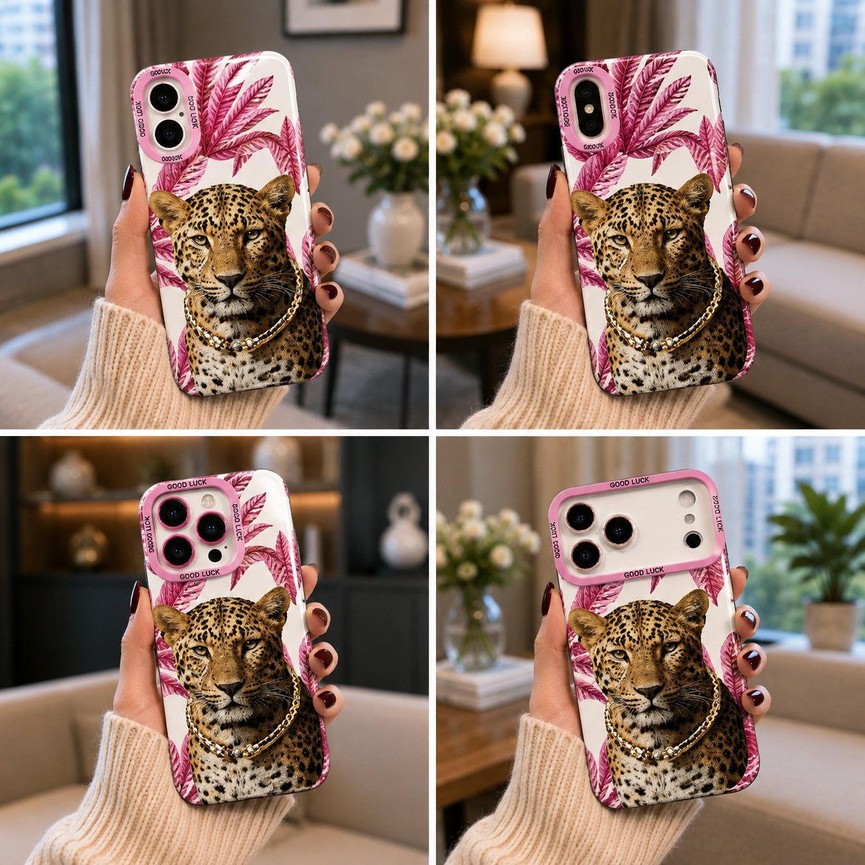 ✨ Leopard with Pink Leaves | Premium Designer iPhone Cover